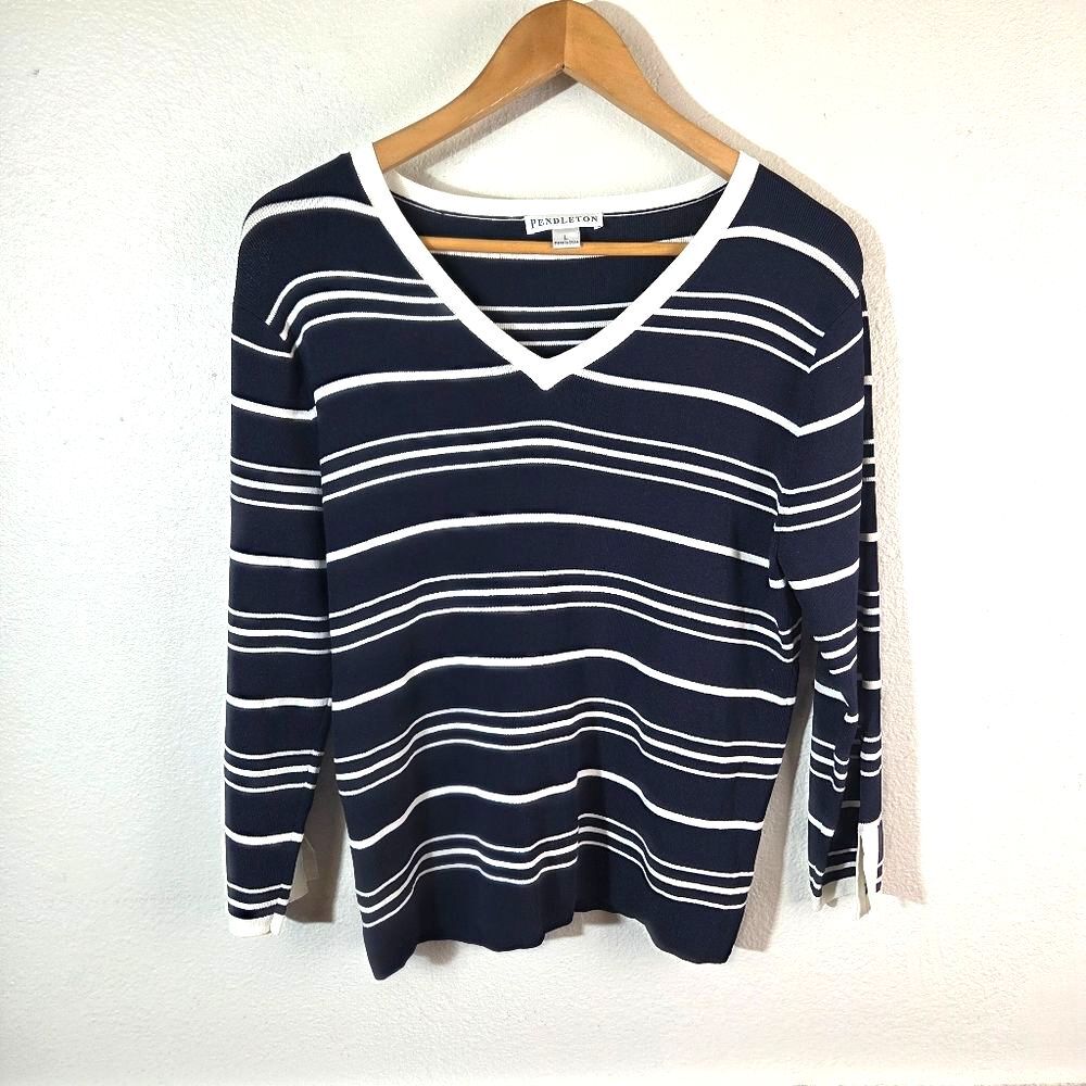 Pendleton Women’s V Neck Knit Top L Navy White Stripe Stretch